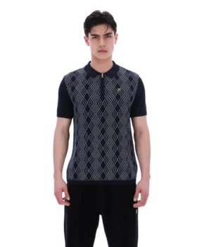 Black Castello Jacquard Knitted Polo with Zip
