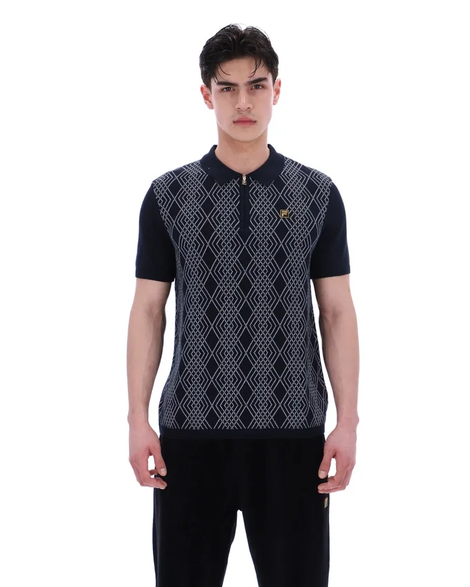 Black Castello Jacquard Knitted Polo with Zip