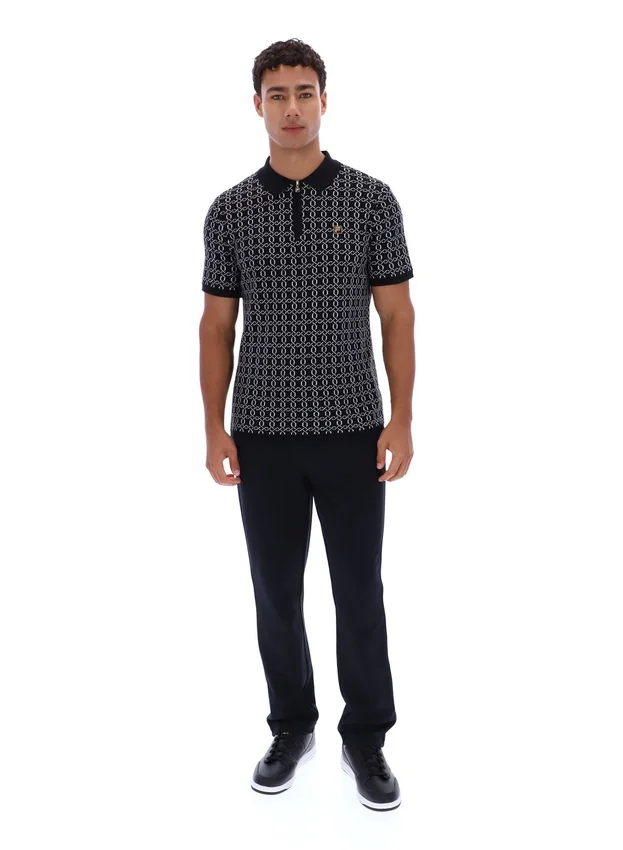 Black Jackson Jacquard Knit Zip Polo Shirt