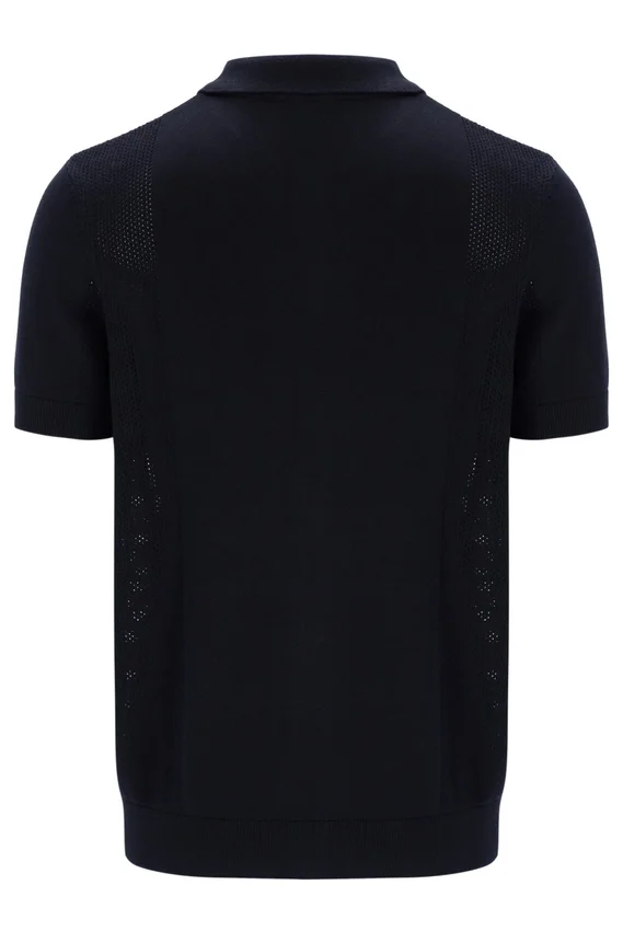 Black Walter Open Knit Pointelle Panel Polo
