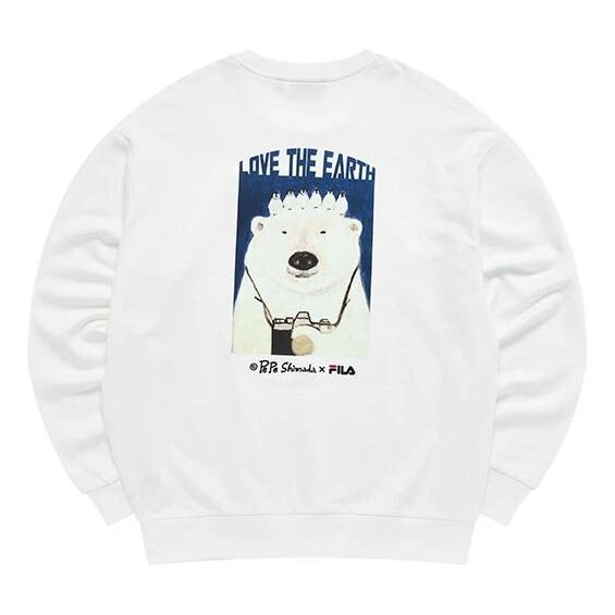Men"s FILA x Pepe Shimada Crossover Cartoon Printing Sports Round Neck Pullover White