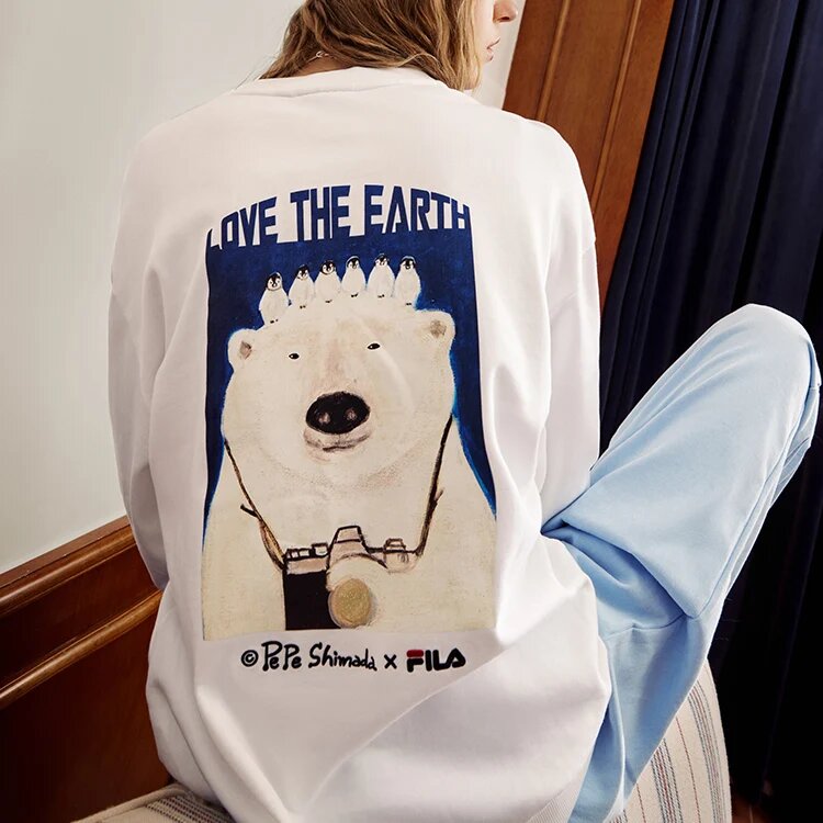 Men"s FILA x Pepe Shimada Crossover Cartoon Printing Sports Round Neck Pullover White