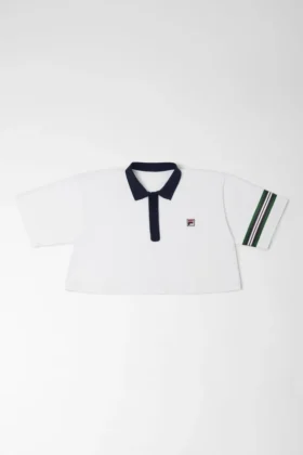 Off White Cropped Flared Polo With Contrast Collar